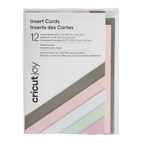 2007257 - Cricut Joy Insert Cards 12-Pack (Pastel); 12 Gray cards; 12 inserts (3 of each color) in Tulip, Powder Blue, Whispering Blue, Lavender; 12 White envelopes; Dimensions: Cards 4.25 in x 5.5 in (10.8 cm x 14 cm), Inserts 4 in x 5.25 in (10.2 cm x 13.3 cm), Envelopes 4.4 in x 5.75 in (11.1 cm x 14.6 cm); Create vibrant two-tone greeting cards without the mess or hassle of glue; Easy to cut with specialized Cricut Joy™ Card Mat (sold separately); For Cricut Joy™